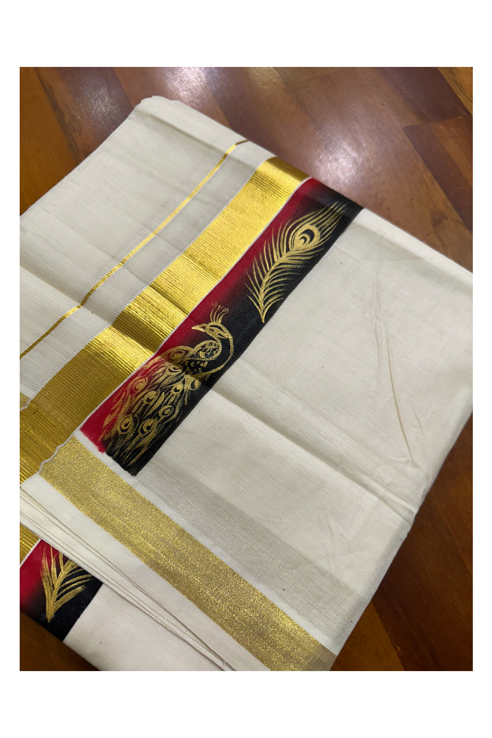 Kerala Pure Cotton Double Mundu with Hand Painted Designs on Kasavu Border(South Indian Kerala Dhoti)