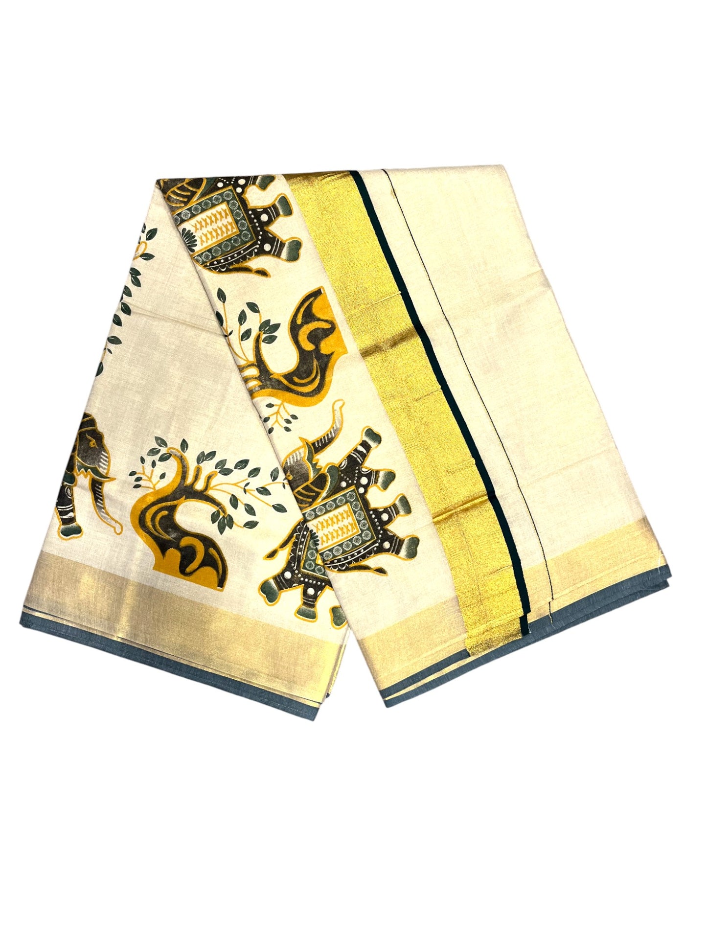 Southloom Kerala Tissue Kasavu Saree with Green Elephant Hand Printed Across Body
