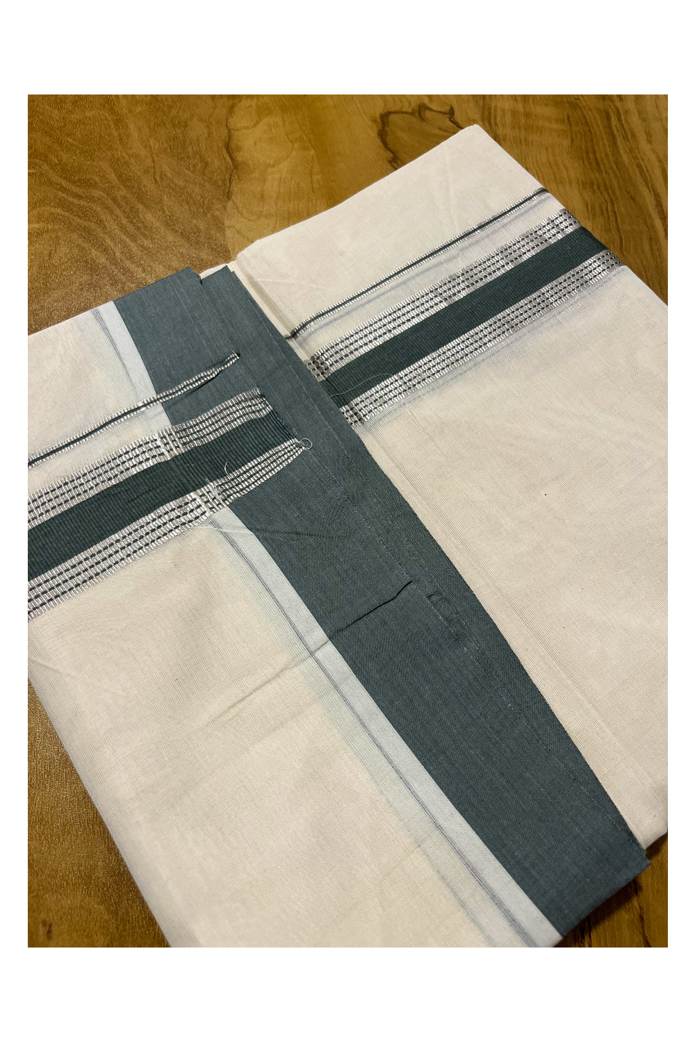 Pure Cotton Off White Double Mundu with Silver Kasavu and Green Border (South Indian Kerala Dhoti)