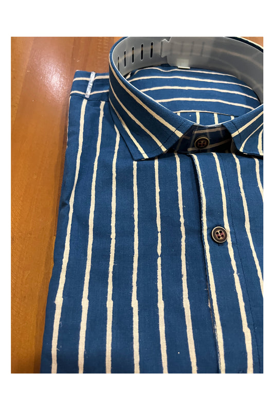 Southloom Jaipur Cotton Lines Hand Block Printed Blue Shirt (Full Sleeves)