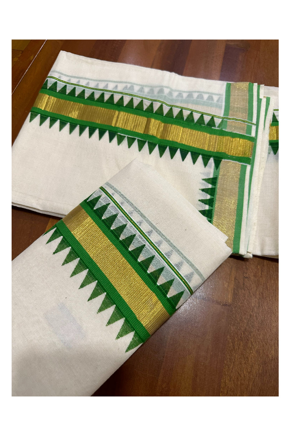 Kerala Cotton Kasavu Single Set Mundu (Mundum Neriyathum) with Green Temple Block Prints on Border 2.80 Mtrs (Onam set Mundu 2023)