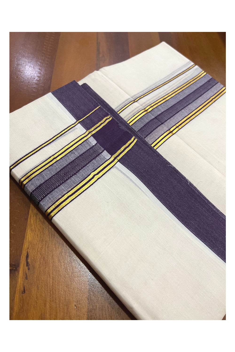 Pure Cotton 100x100 Double Mundu with Kasavu and Purple Kara (Onam Mundu 2023)