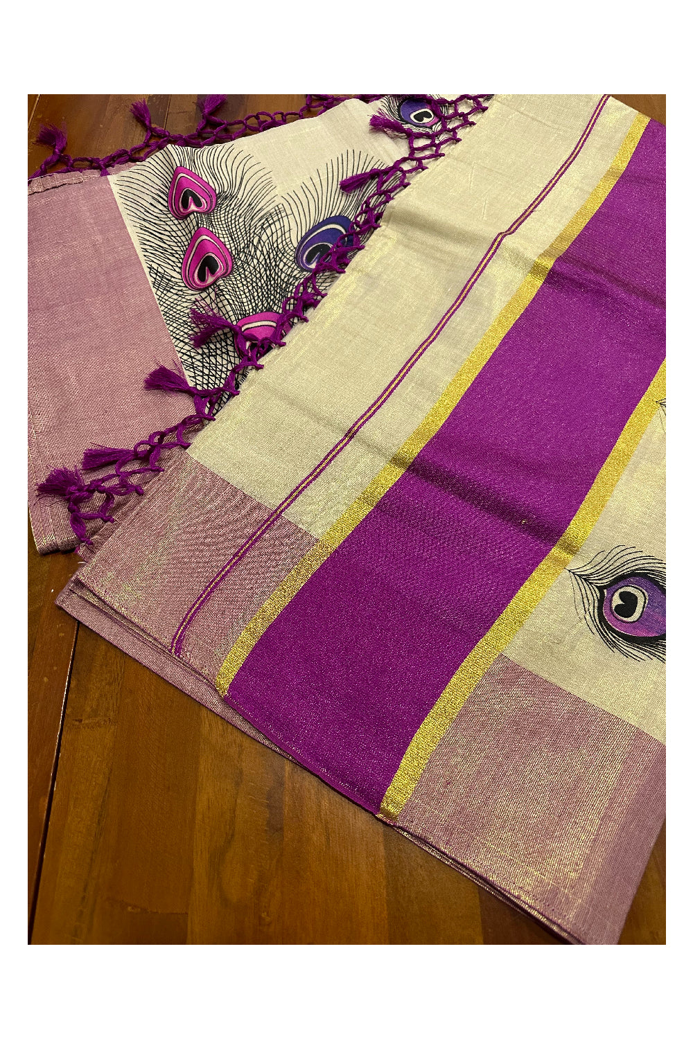 Kerala Tissue Kasavu Saree with Feather Block Prints and Magenta Border (Onam Saree 2023)