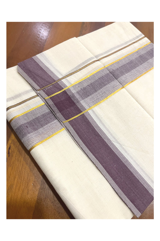 Pure Cotton Kerala Double Mundu with Kasavu and Purple Kara (South Indian Kerala Dhoti)