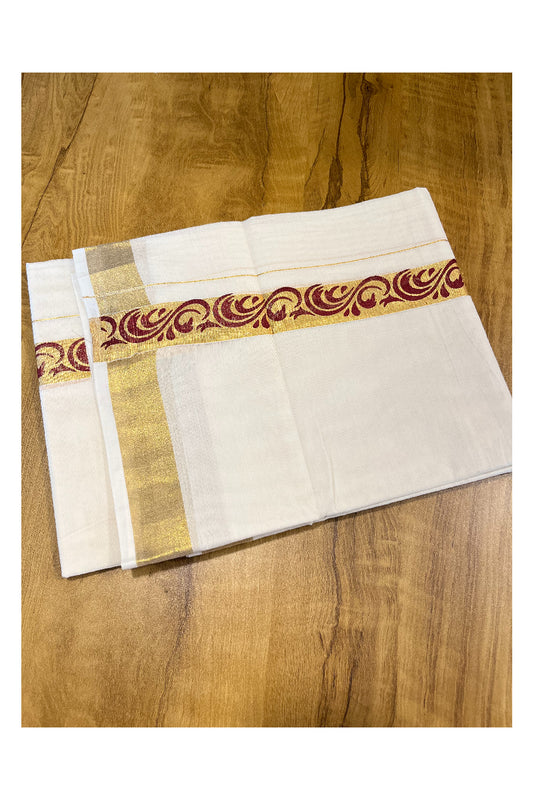 Southloom Kasavu Double Mundu with Maroon Tribal / Retro Design Print on Kasavu Kara