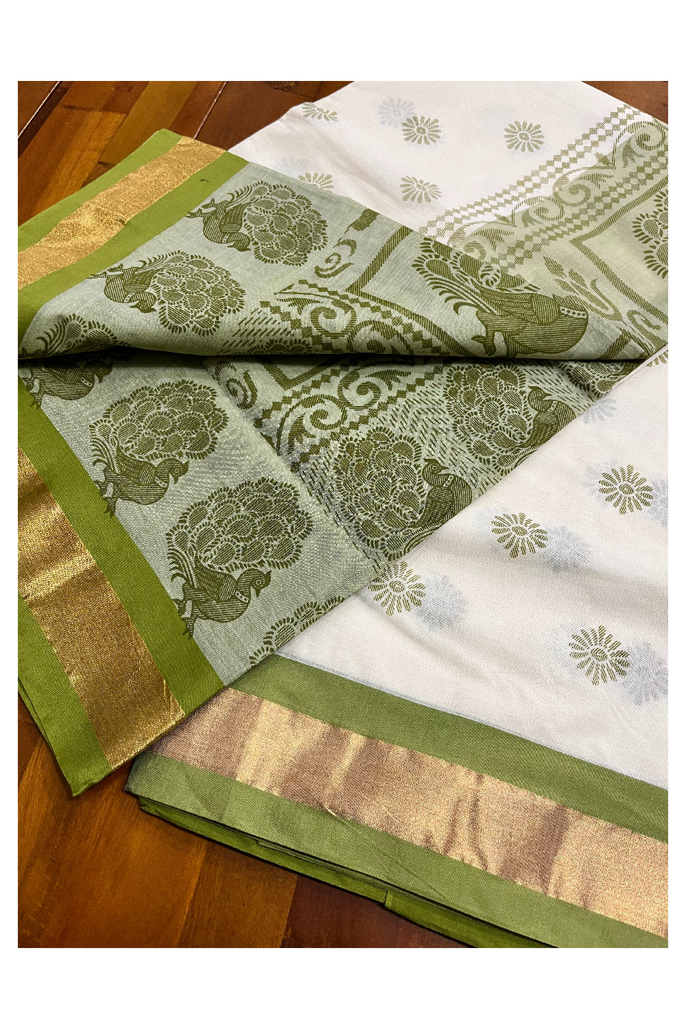 Pure Cotton Kerala Saree with Olive Green Block Print Designs and Kasavu Border (Vishu 2024 Collection)