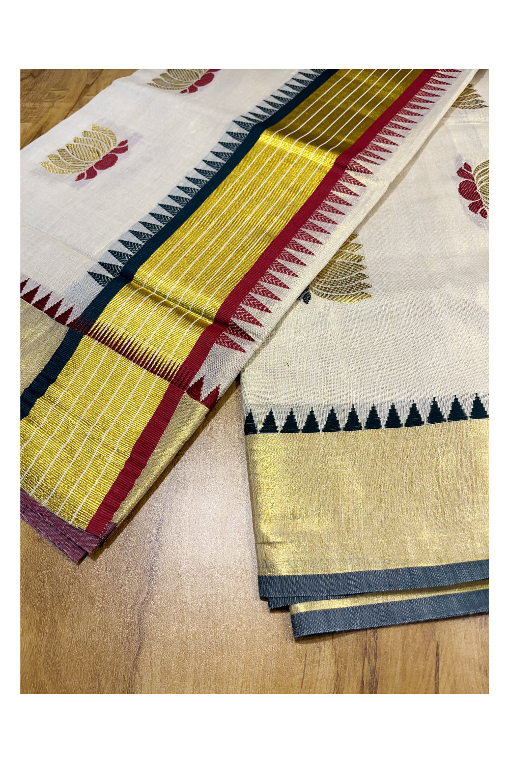 Kerala Tissue Kasavu Saree with Green, Gold and Maroon Lotus Woven Designs