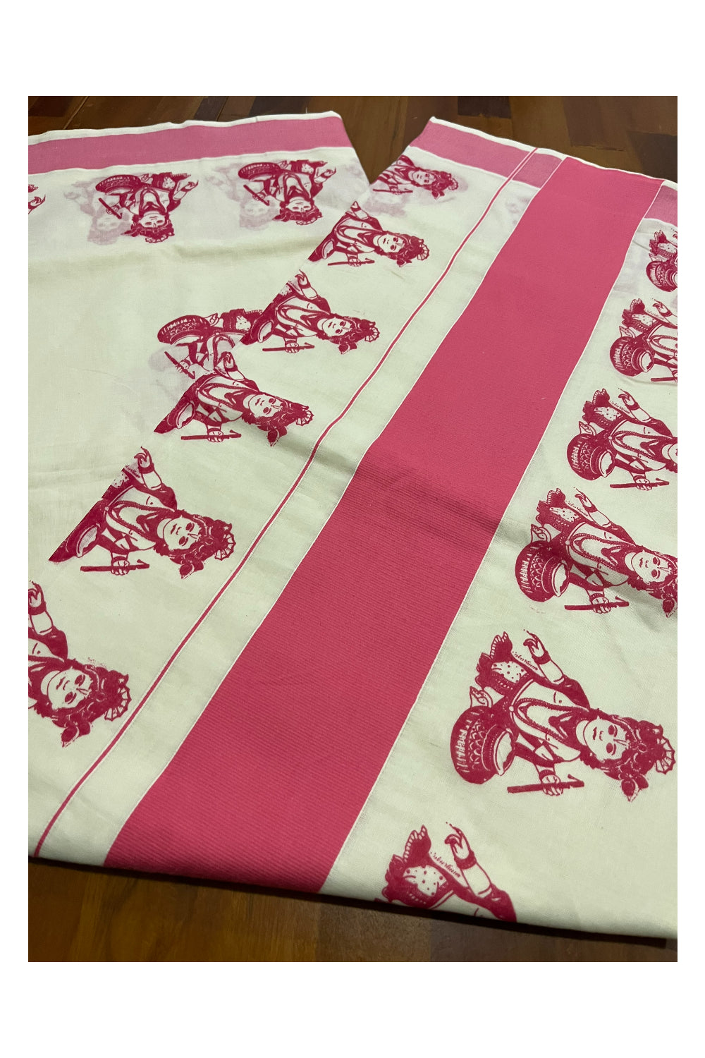 Pure Cotton Kerala Saree with Pink Krishna Block Printed Border