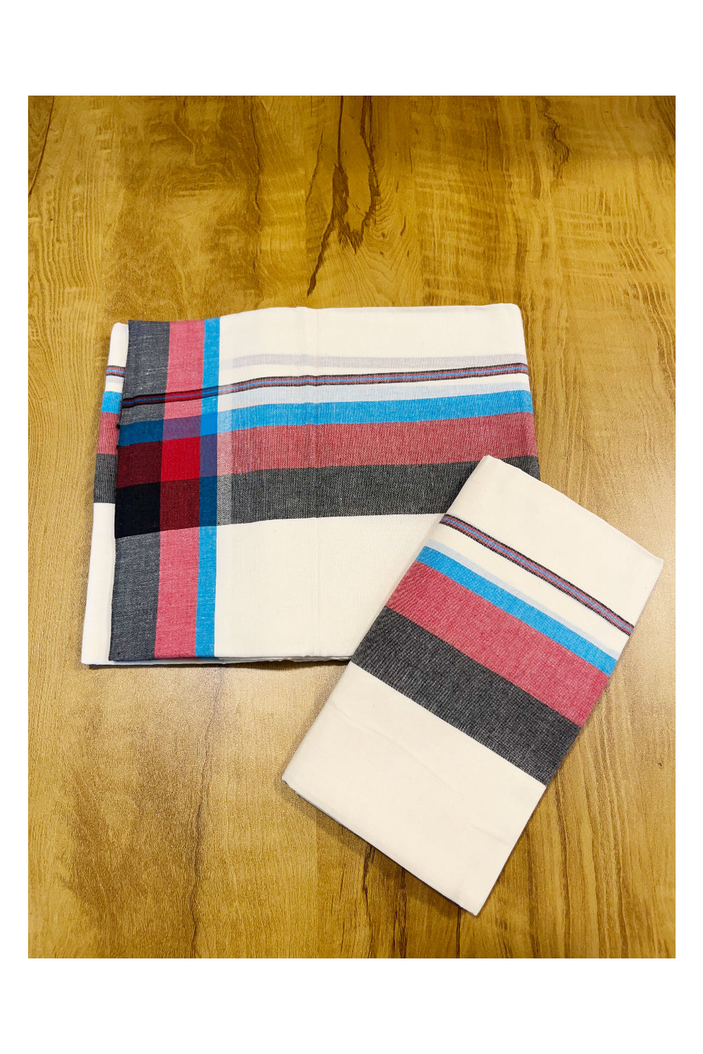 Pure Cotton Mundum Neriyathum Double (Set Mundu) with Blue Red And Black Border