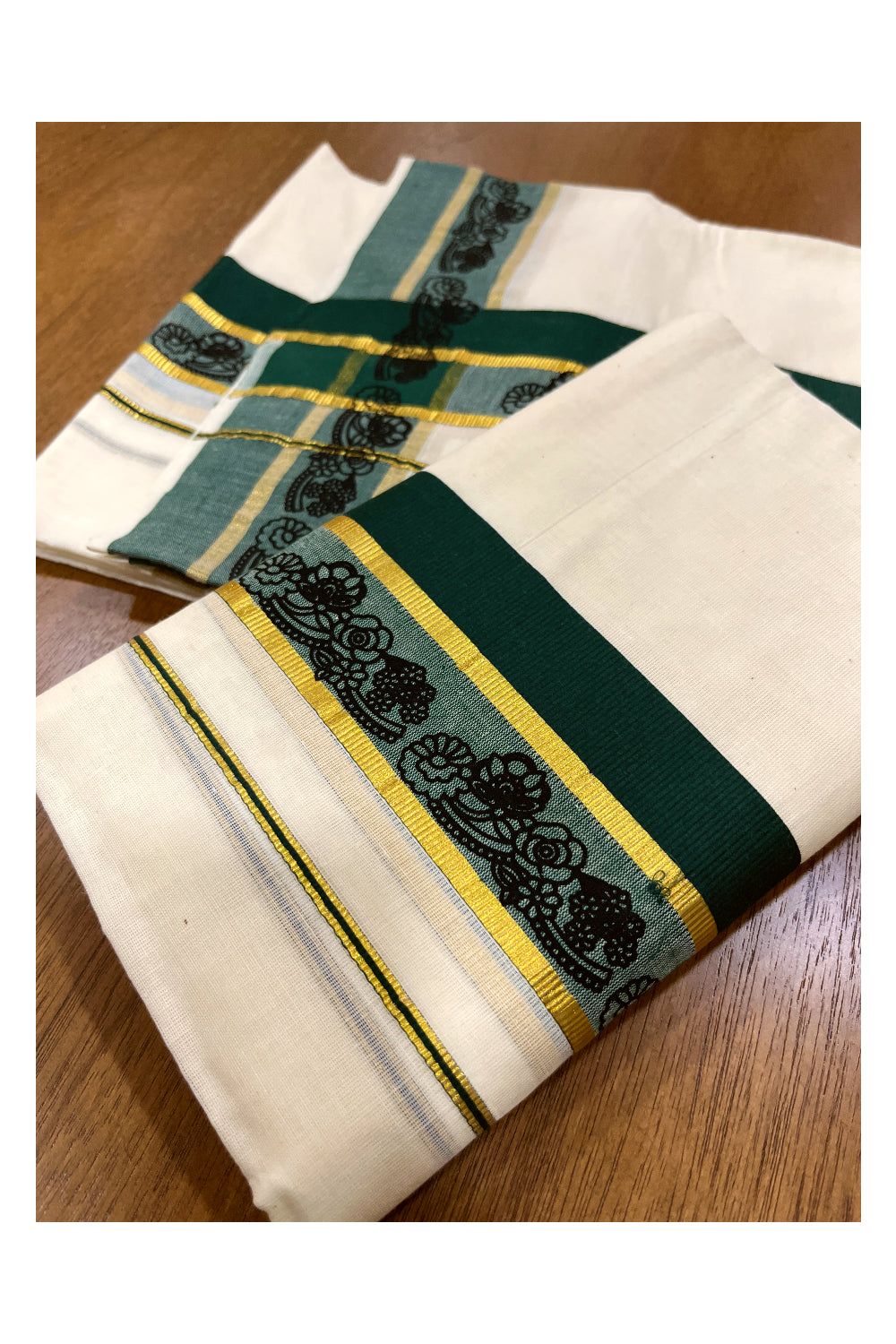 Kerala Cotton Set Mundu (Mundum Neriyathum) with Floral Block Prints in Dark Green and Kasavu Border