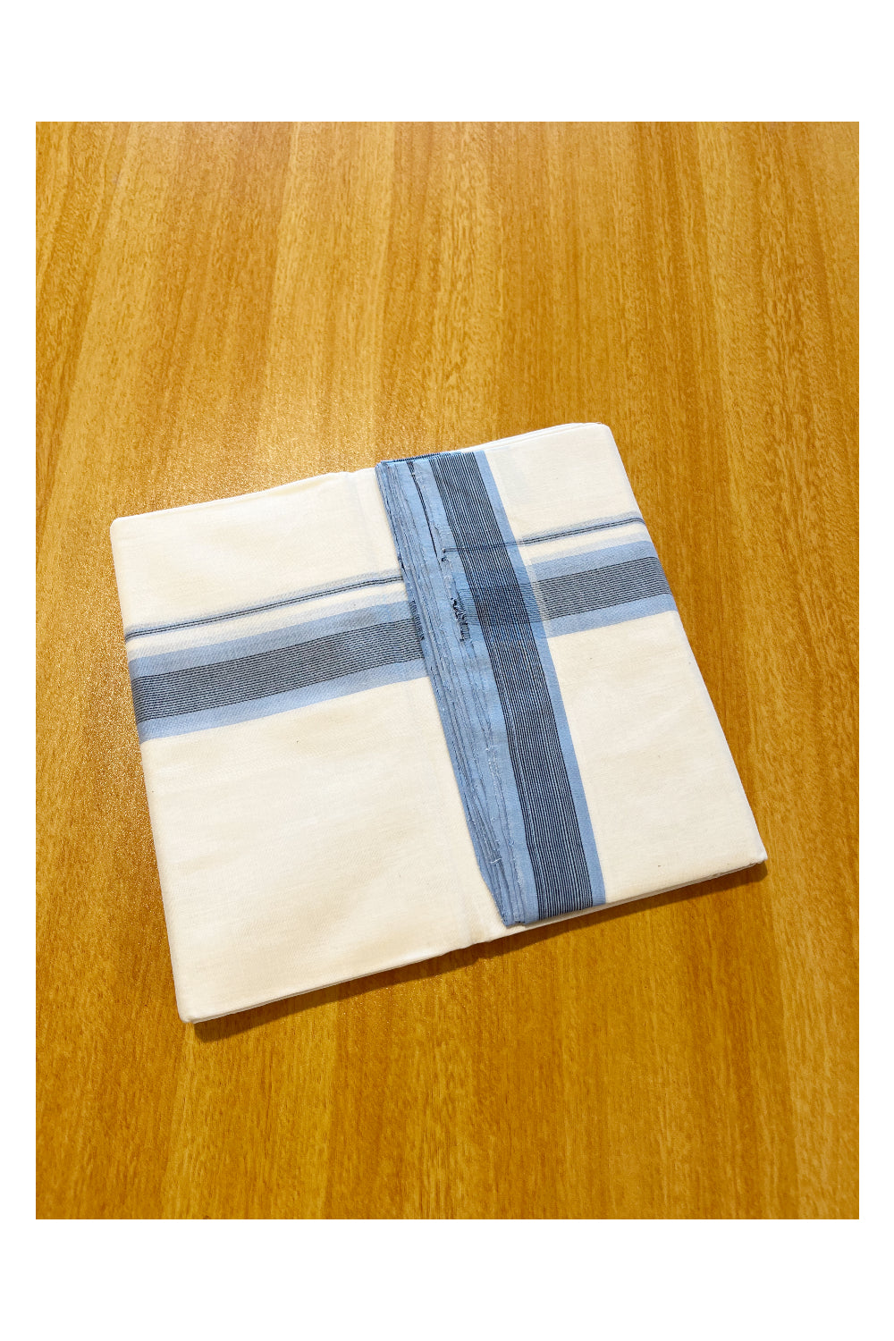 Southloom Premium Handloom Cotton Double Mundu with Blue And Black Lines Border