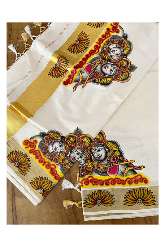 Pure Cotton Kerala Kasavu Saree with Krishna Radha Mural Printed Art Design and Printed Border