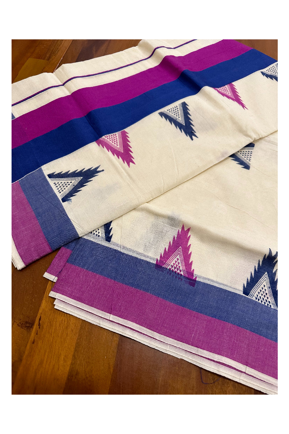 Kerala Cotton Saree with Blue and Magenta Temple Block Prints on Border (Onam Saree 2023)