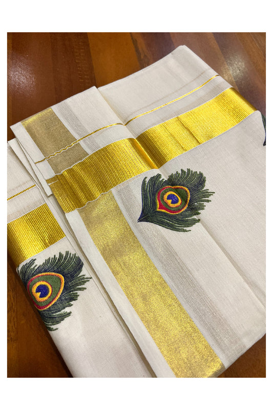 Pure Cotton Kasavu Mundu with Mural Hand Painted Feather Design (South Indian Kerala Dhoti) - Vishu 2024 Collection