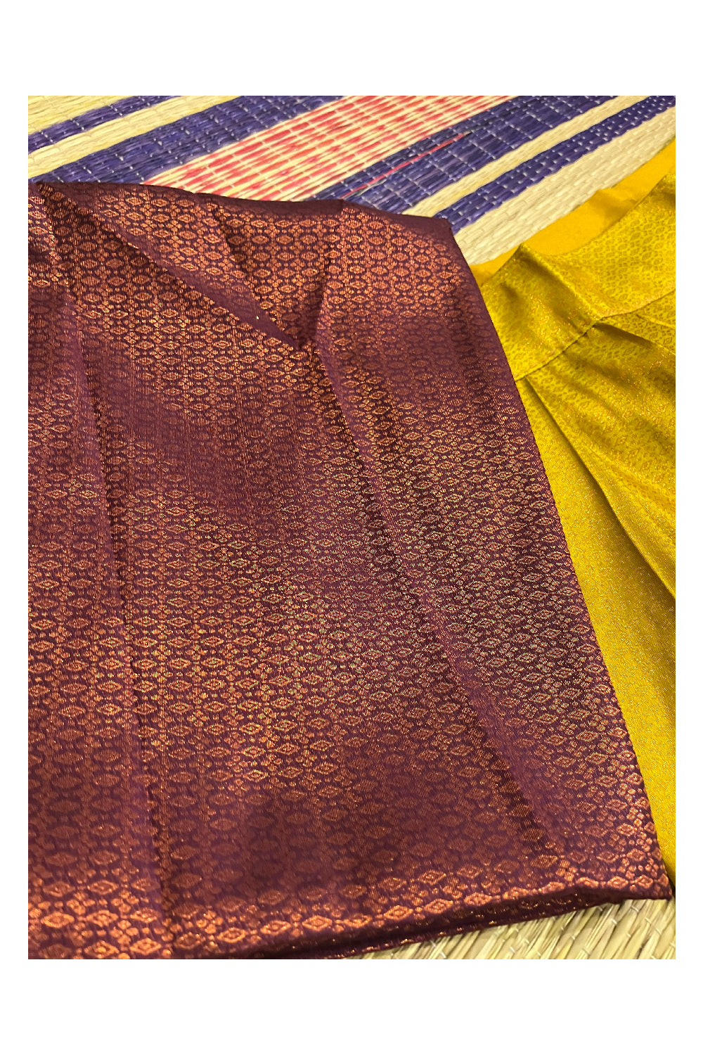 Semi Stitched Premium Semi SIlk Golden Yellow Dhavani Set with Dark Magenta Neriyathu and Blouse Piece