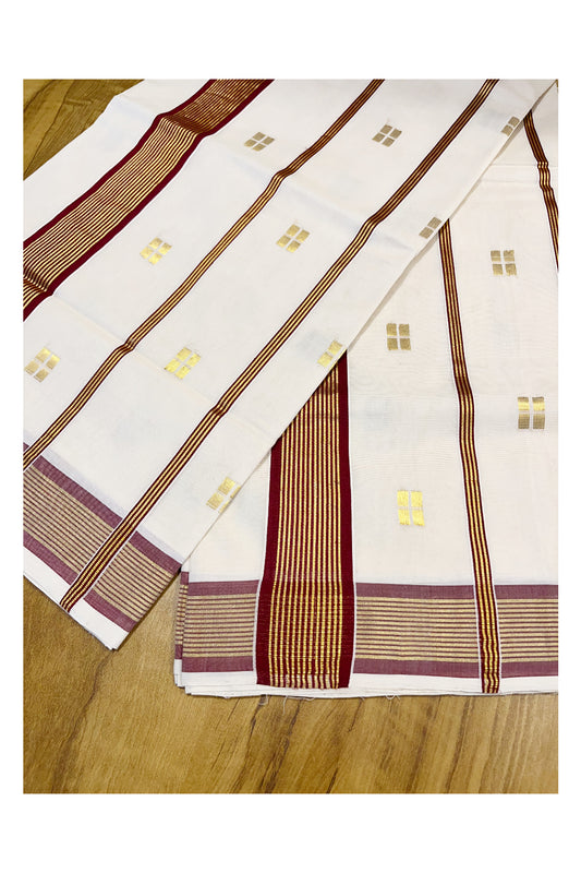 Southloom Premium Handloom Kerala Saree Marooon and Kasavu Lines with Golden Small Woven Works on Body