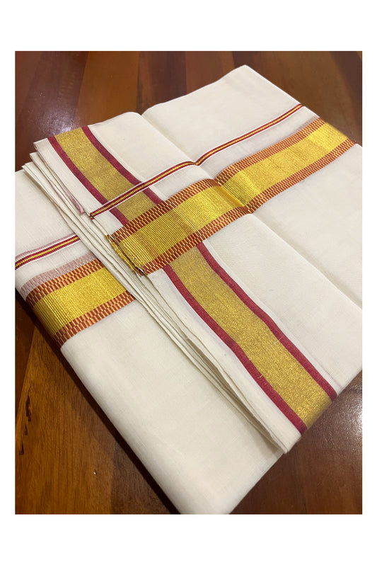 Southloom Premium Handloom Cotton Double Mundu with Golden and Red Kasavu Design Border (South Indian Kerala Dhoti)