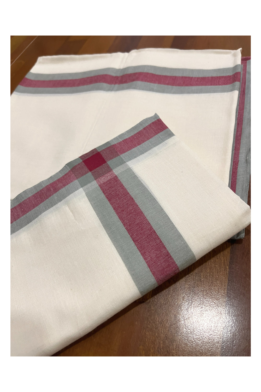 Kerala Cotton Mulloth Single Set Mundu (Mundum Neriyathum) with Maroon and Grey Border (Extra Soft Cotton) 2.75 Mtrs