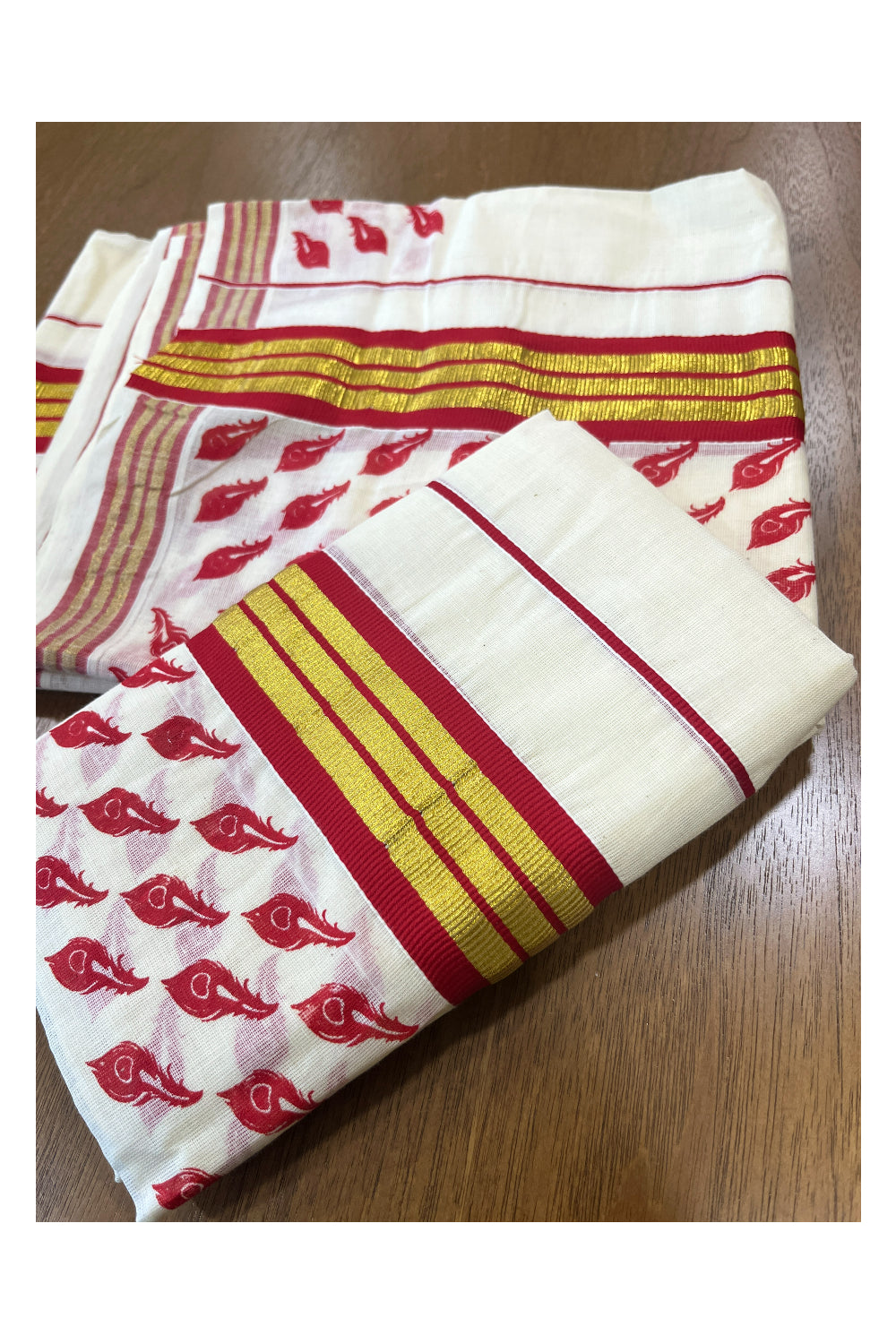 Cotton Single Set Mundu (Mundu Neriyathum) with Red Feather Block Prints and Kasavu Border