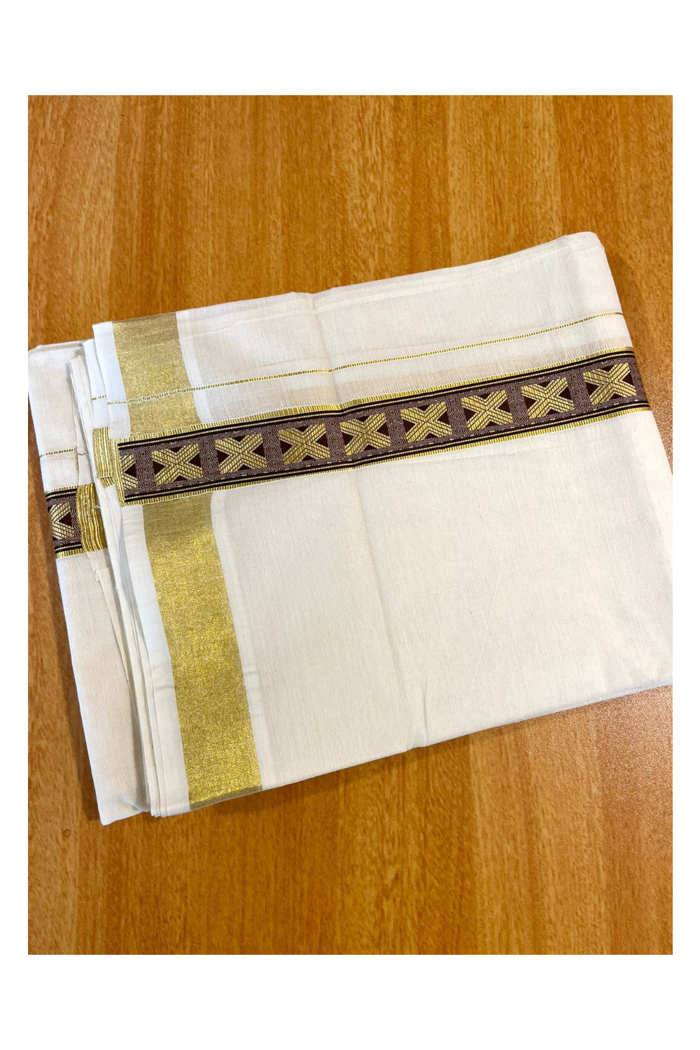 Southloom Kasavu Double Mundu with Brown Prints Along Kasavu Kara