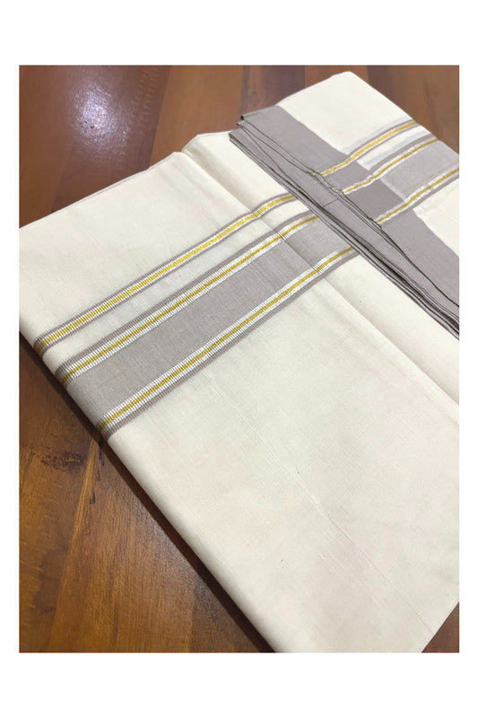 Pure Cotton 100x100 Double Mundu with Silver Golden Kasavu and Grey Kara (Onam Mundu 2023)