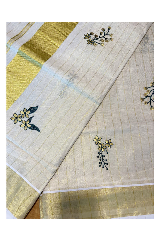 Kerala Tissue Kasavu Lines Saree with Flower Embroidery Works