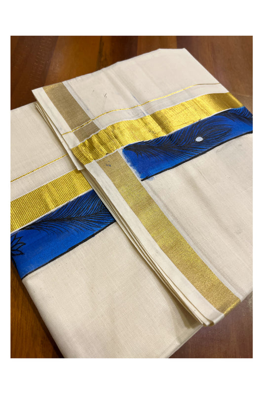 Kerala Pure Cotton Double Mundu with Hand Painted Designs on Kasavu Border(South Indian Kerala Dhoti)