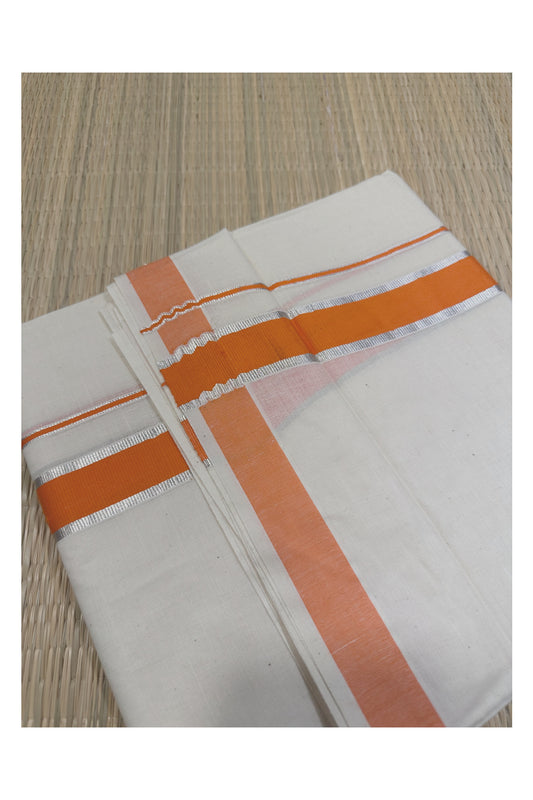 Off White Kerala Double Mundu with Silver Kasavu and Orange Kara (South Indian Kerala Dhoti)