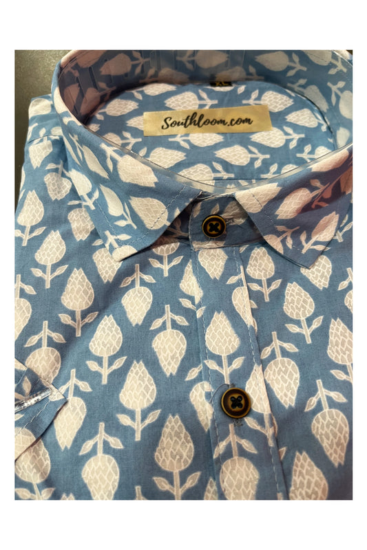 Southloom Jaipur Cotton Blue Hand Block Printed Shirt (Half Sleeves)