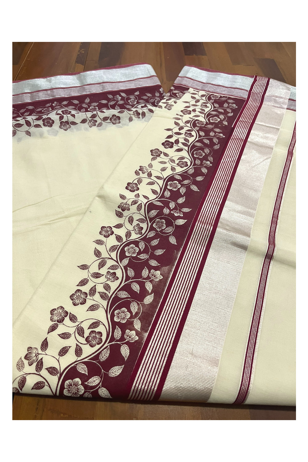 Kerala Cotton Saree with Maroon Floral Block Prints and Silver Kasavu Border (Onam Saree 2023)