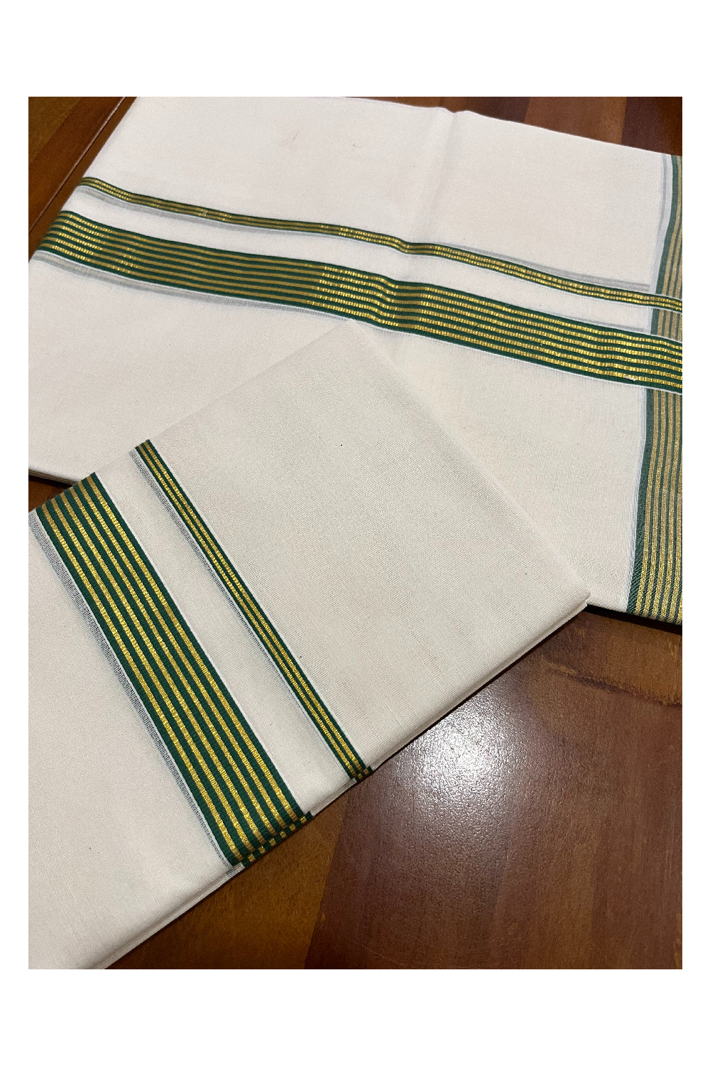 Pure Cotton Handloom Premium Kasavu Set Mundu (Mundum Neriyathum) with Green and Kasavu Border