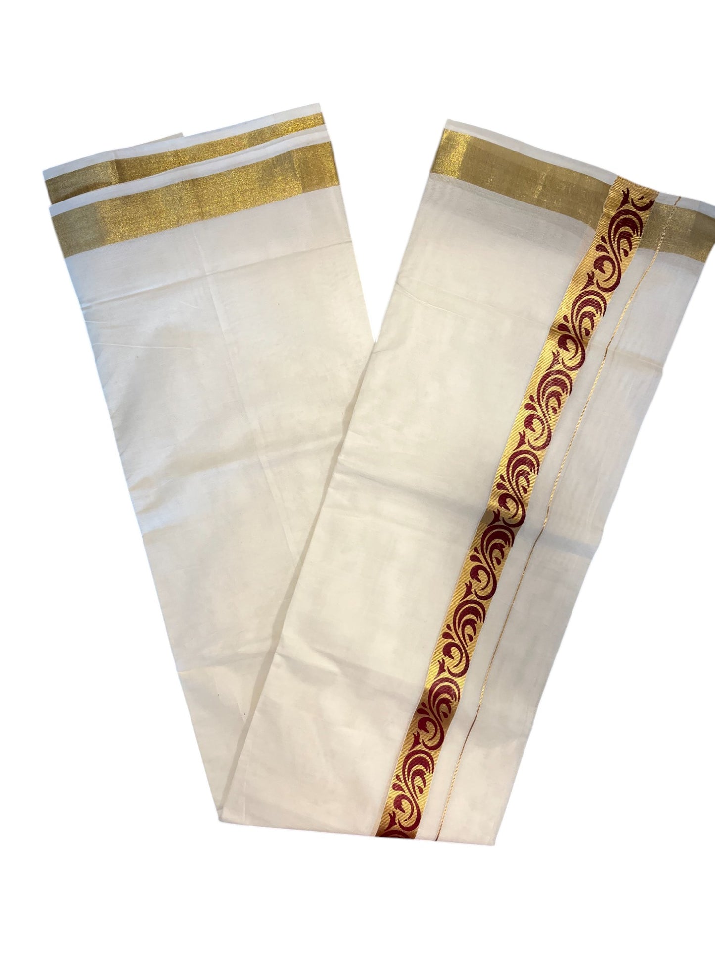 Southloom Kasavu Double Mundu with Maroon Tribal / Retro Design Print on Kasavu Kara