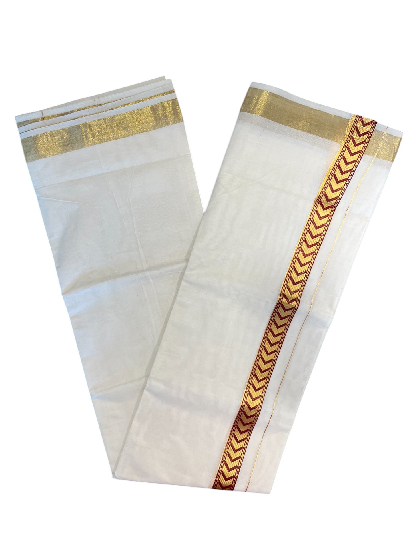 Southloom Kasavu Double Mundu with Maroon Tribal / Retro Design Print on Kasavu Kara