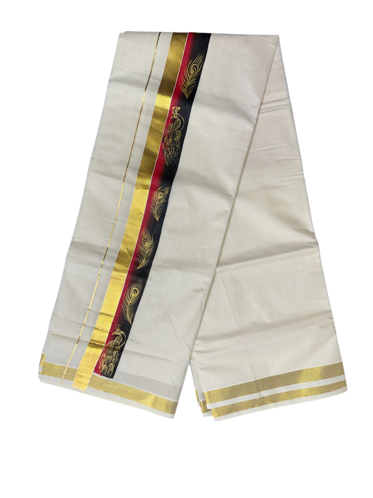 Kerala Pure Cotton Double Mundu with Hand Painted Designs on Kasavu Border(South Indian Kerala Dhoti)