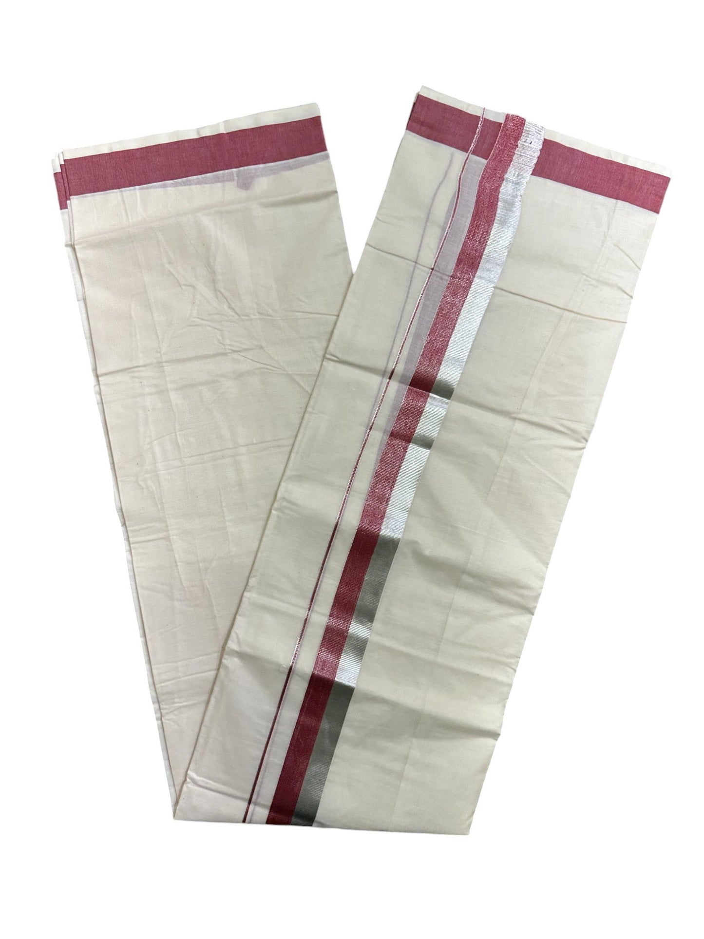 Kerala Pure Cotton Off White Double Mundu with Silver Kasavu And Red Kara (South Indian Kerala Dhoti)