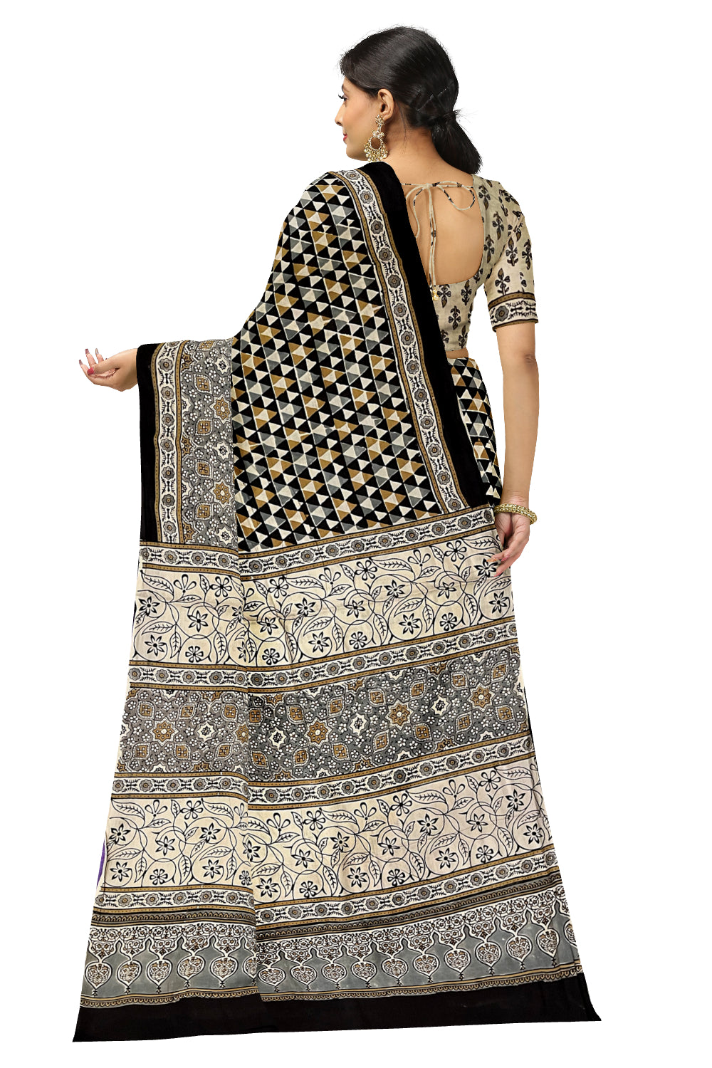 Southloom Pure Cotton Black Grey Yellow Block Printed Saree