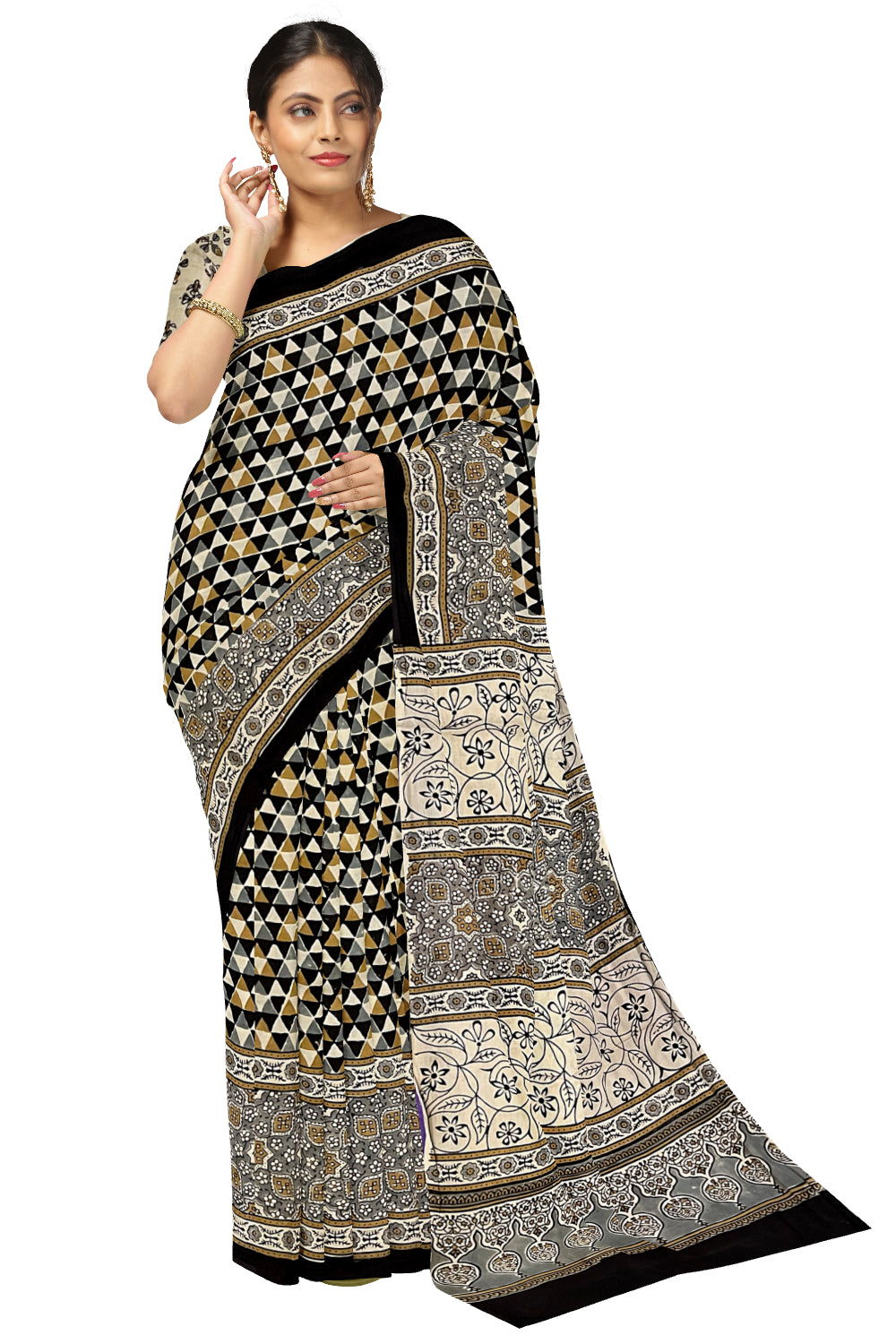 Southloom Pure Cotton Black Grey Yellow Block Printed Saree