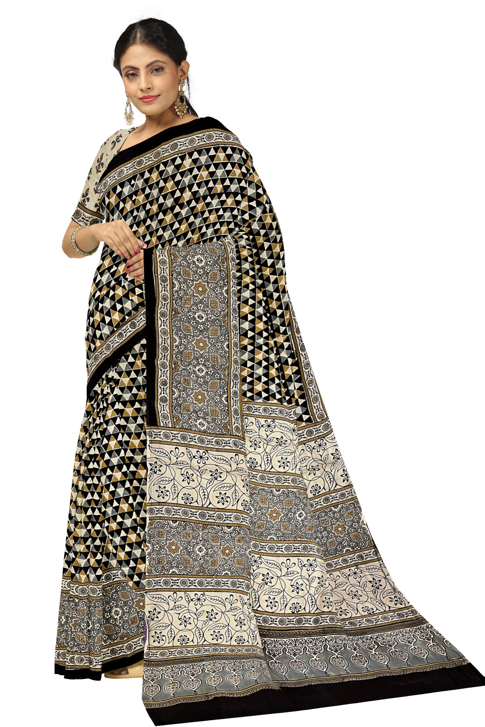 Southloom Pure Cotton Black Grey Yellow Block Printed Saree