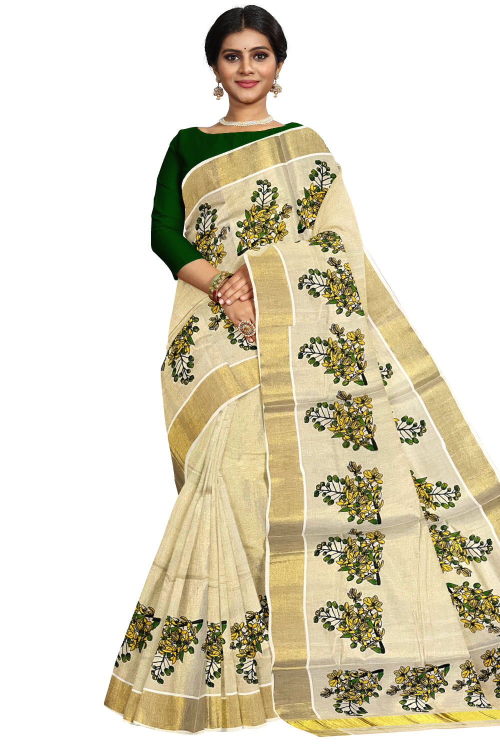 Kerala Tissue Kasavu Saree with Mural Floral Design Printed Design