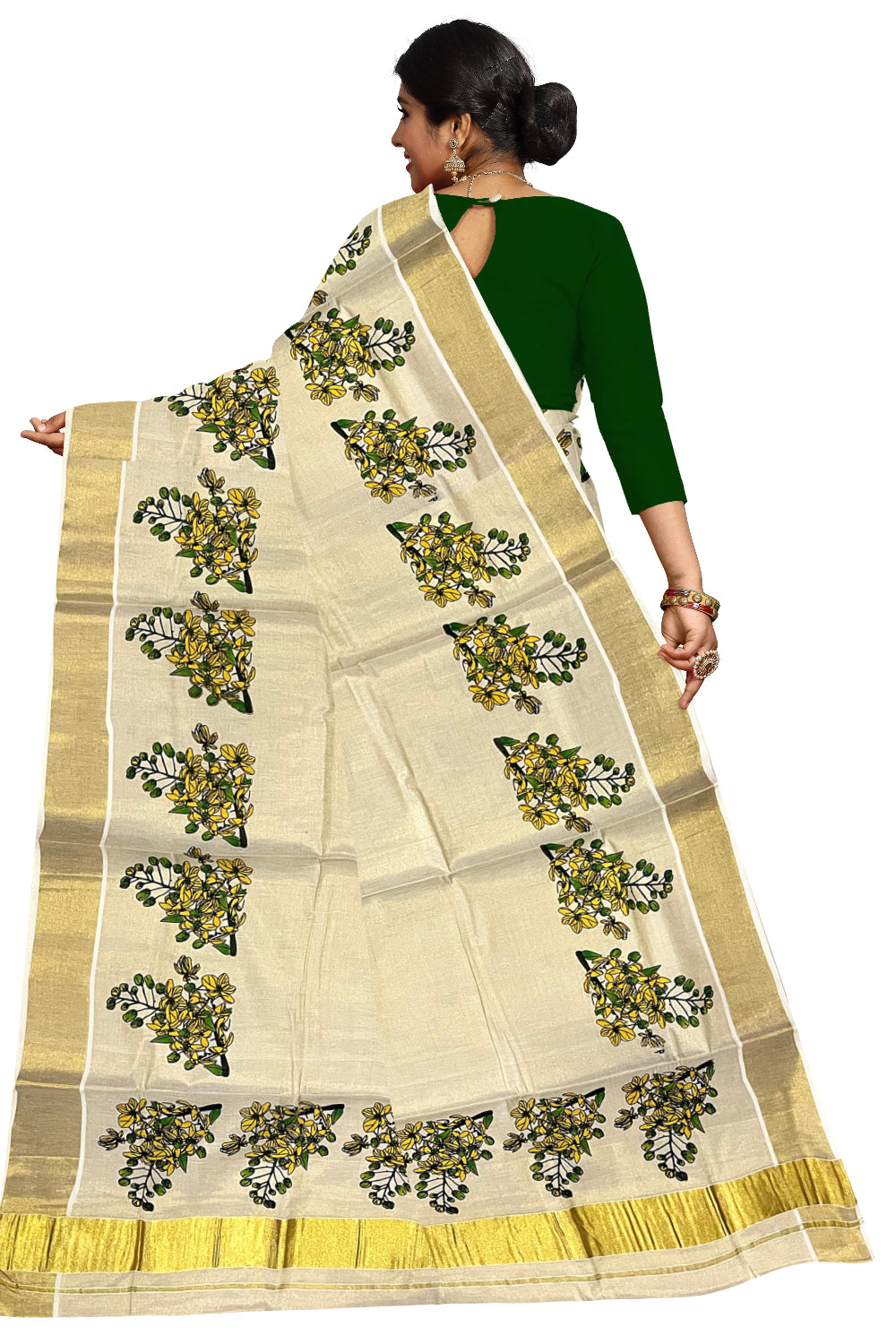 Kerala Tissue Kasavu Saree with Mural Floral Design Printed Design