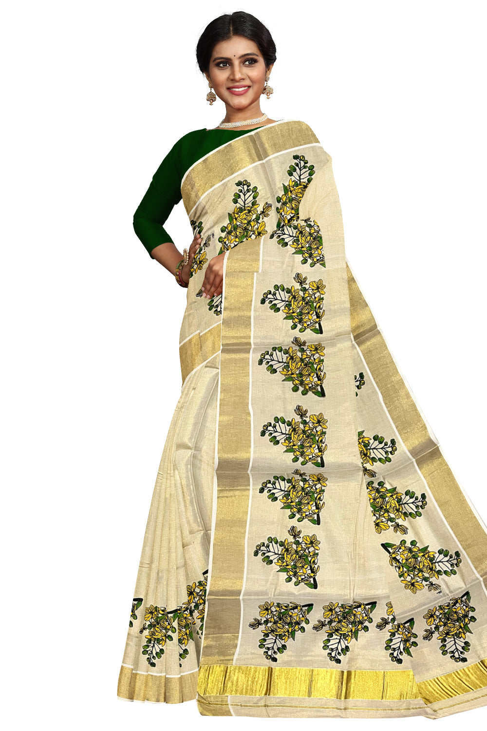 Kerala Tissue Kasavu Saree with Mural Floral Design Printed Design