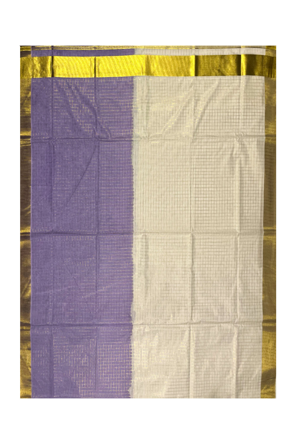 Southloom  Cotton Tie & Dye - Half & Half Lavender Design Saree with Kasavu Checks Across Body