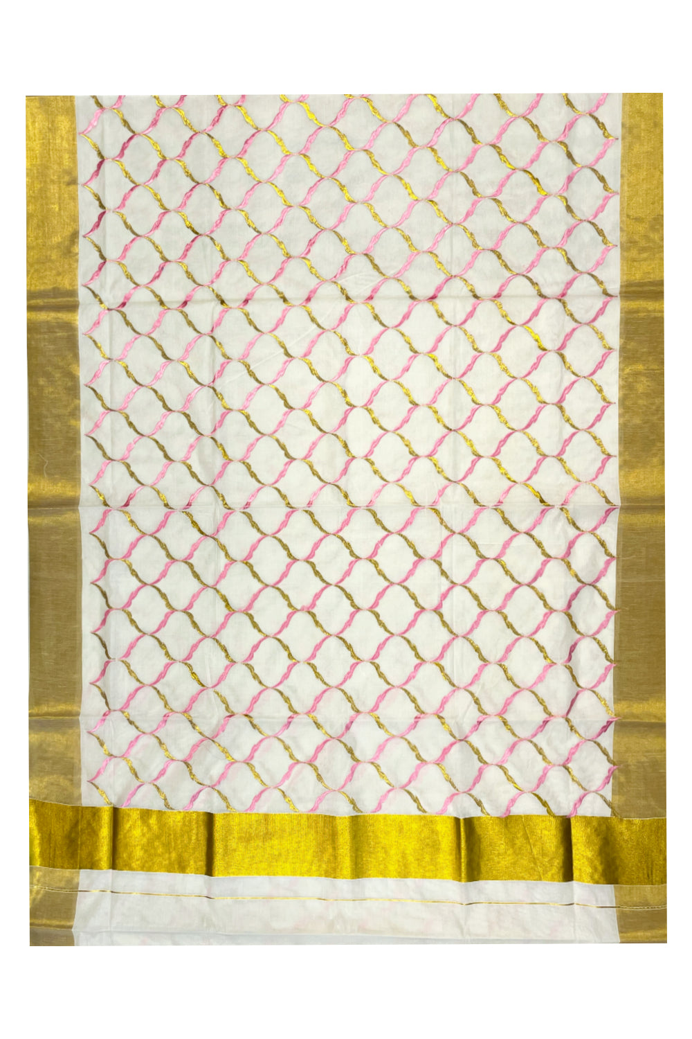 Southloom Cotton Kerala Kasavu Saree with Pink and Golden Floral Designs