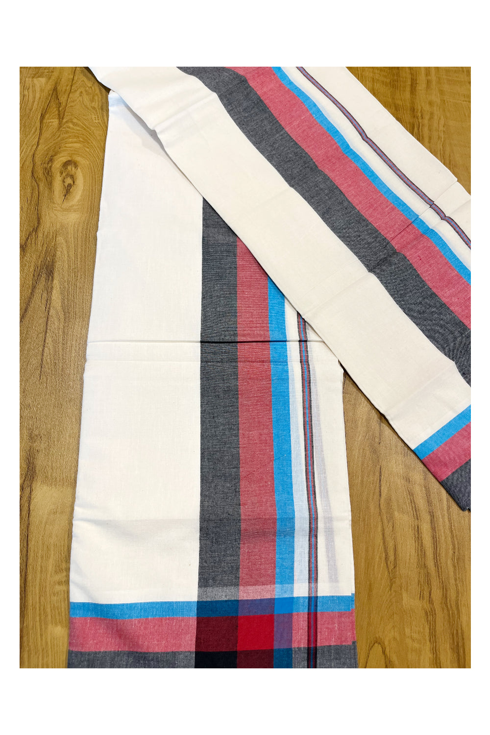 Pure Cotton Mundum Neriyathum Double (Set Mundu) with Blue Red And Black Border