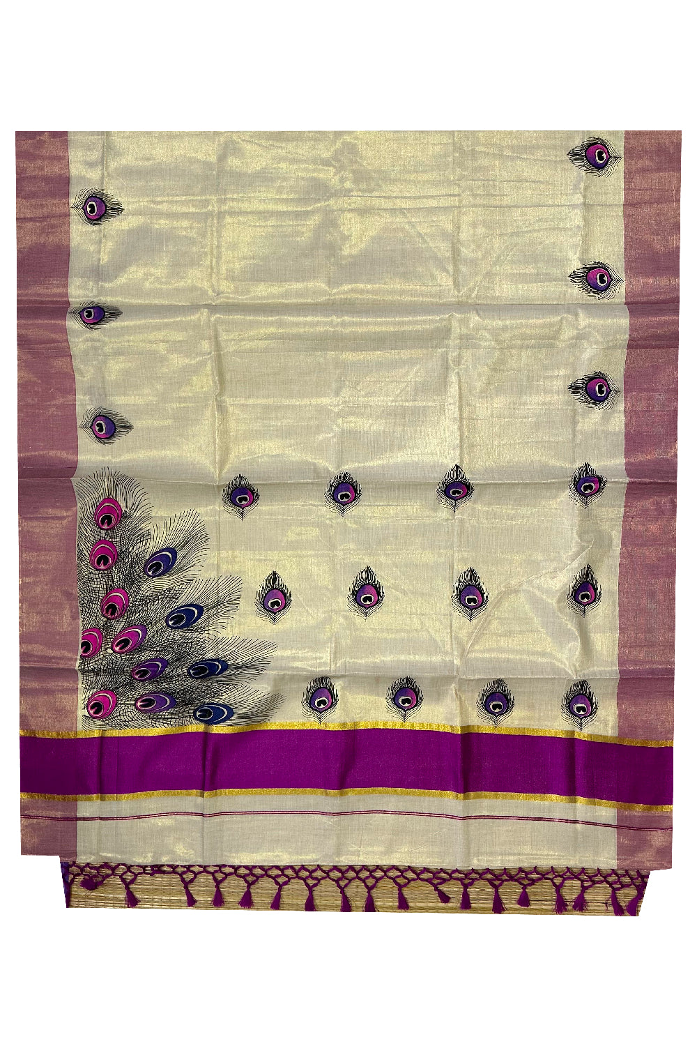 Kerala Tissue Kasavu Saree with Feather Block Prints and Magenta Border (Onam Saree 2023)