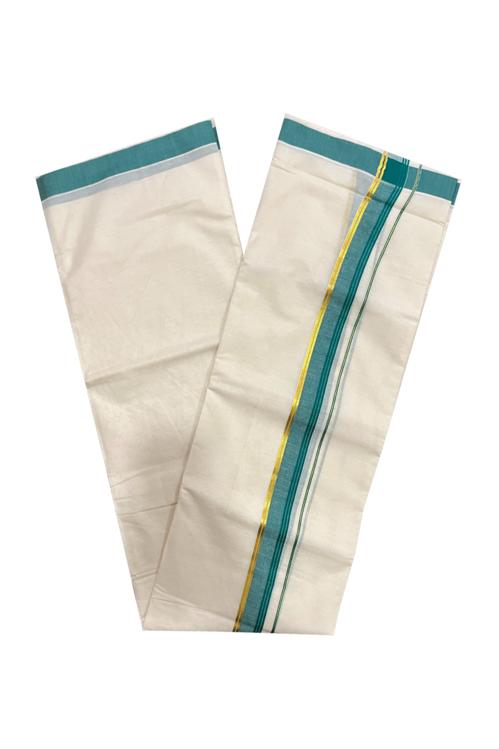 Pure Cotton Kerala Double Mundu with Green and Kasavu Kara (South Indian Kerala Dhoti)