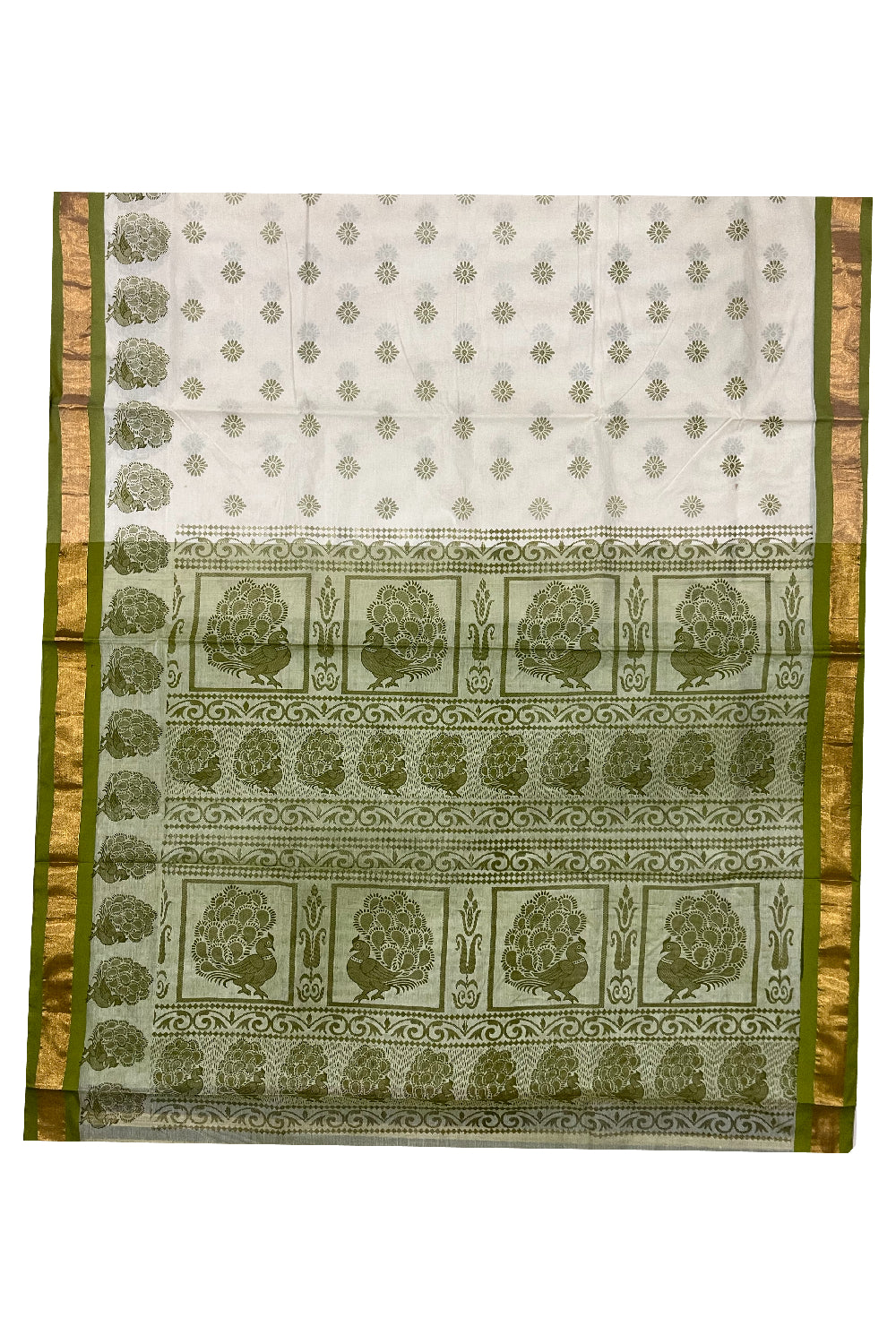 Pure Cotton Kerala Saree with Olive Green Block Print Designs and Kasavu Border (Vishu 2024 Collection)