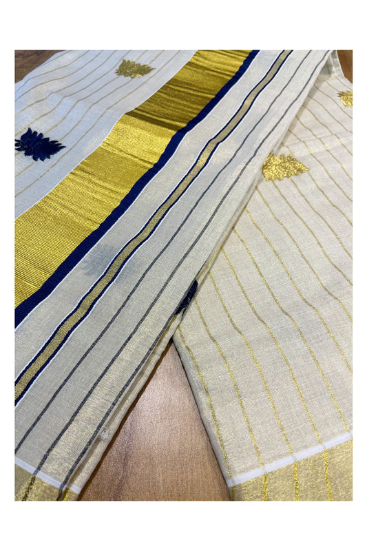 Kerala Tissue Kasavu Lines Saree with Blue And Golden Lotus Embroidery Works