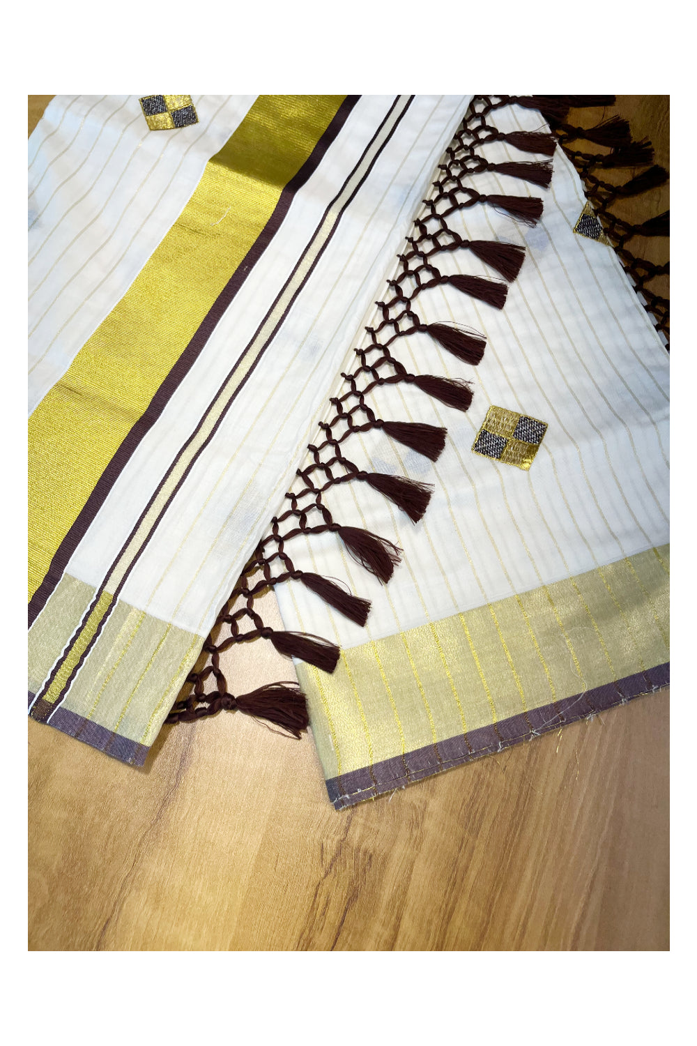 Kerala Cotton Kasavu Lines Saree with Brown and Golden Diagonal Embroidery Work