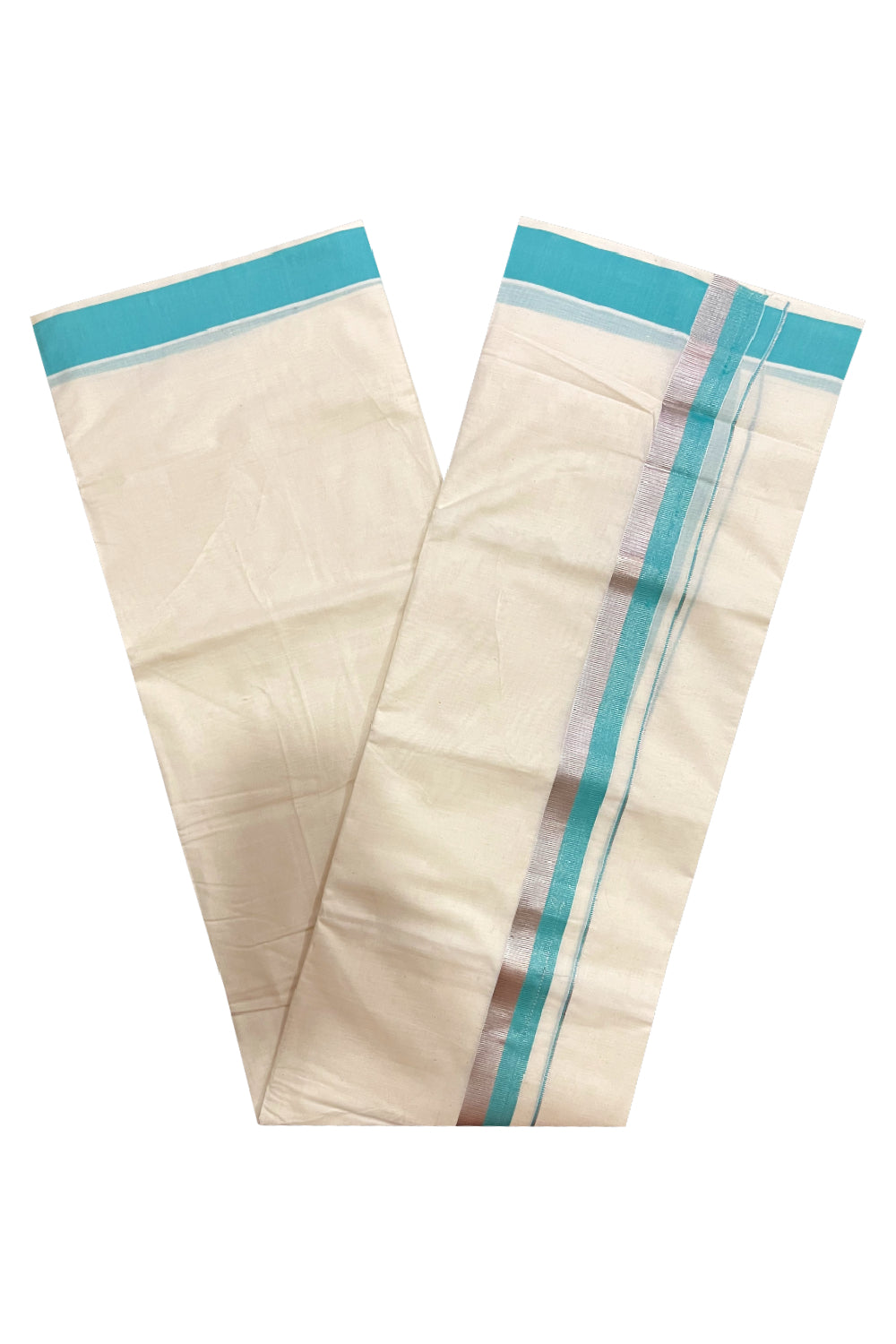 Kerala Cotton Double Mundu with Turquoise and Silver Kasavu Border (Onam Mundu 2023)